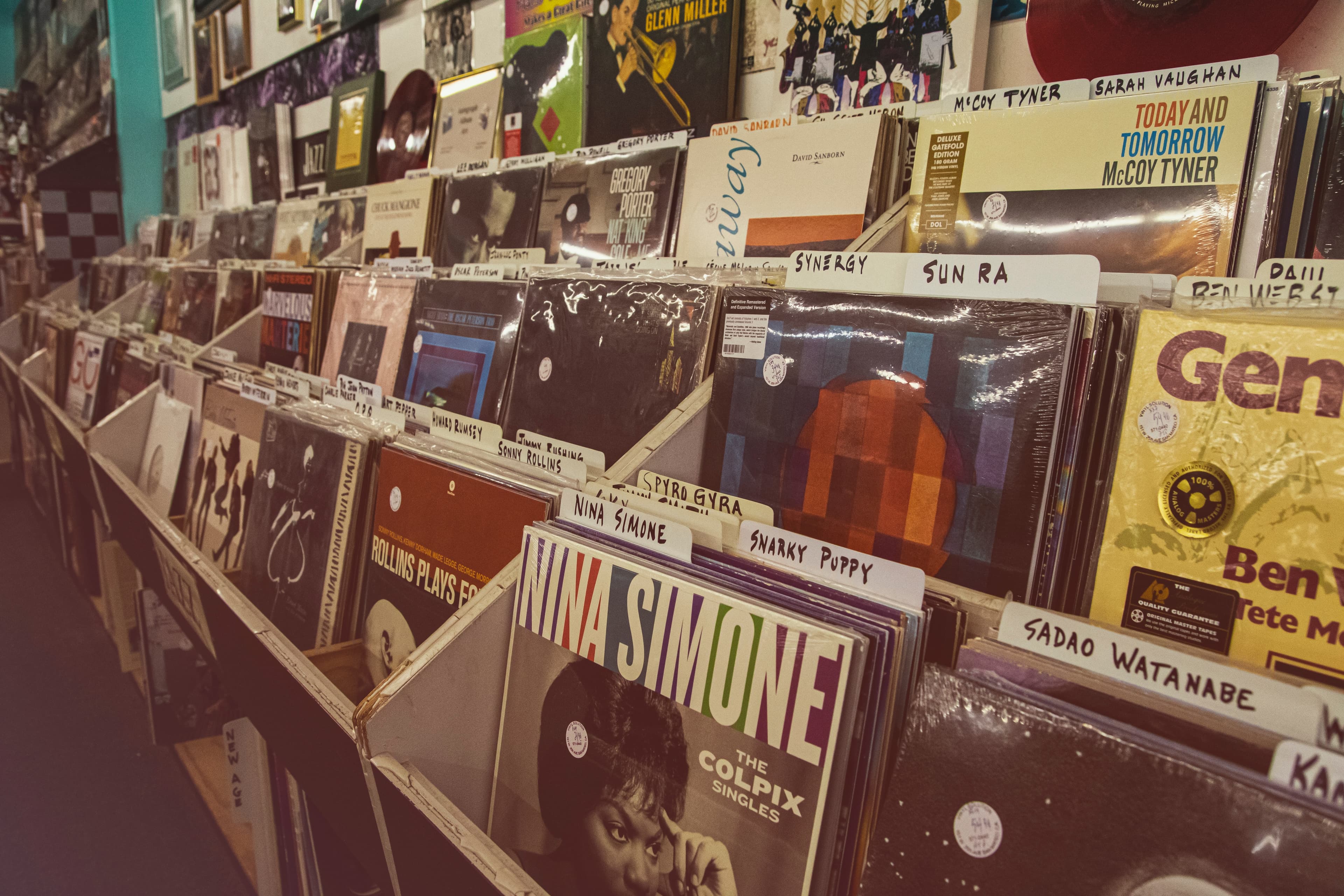 A stack of records at a record store